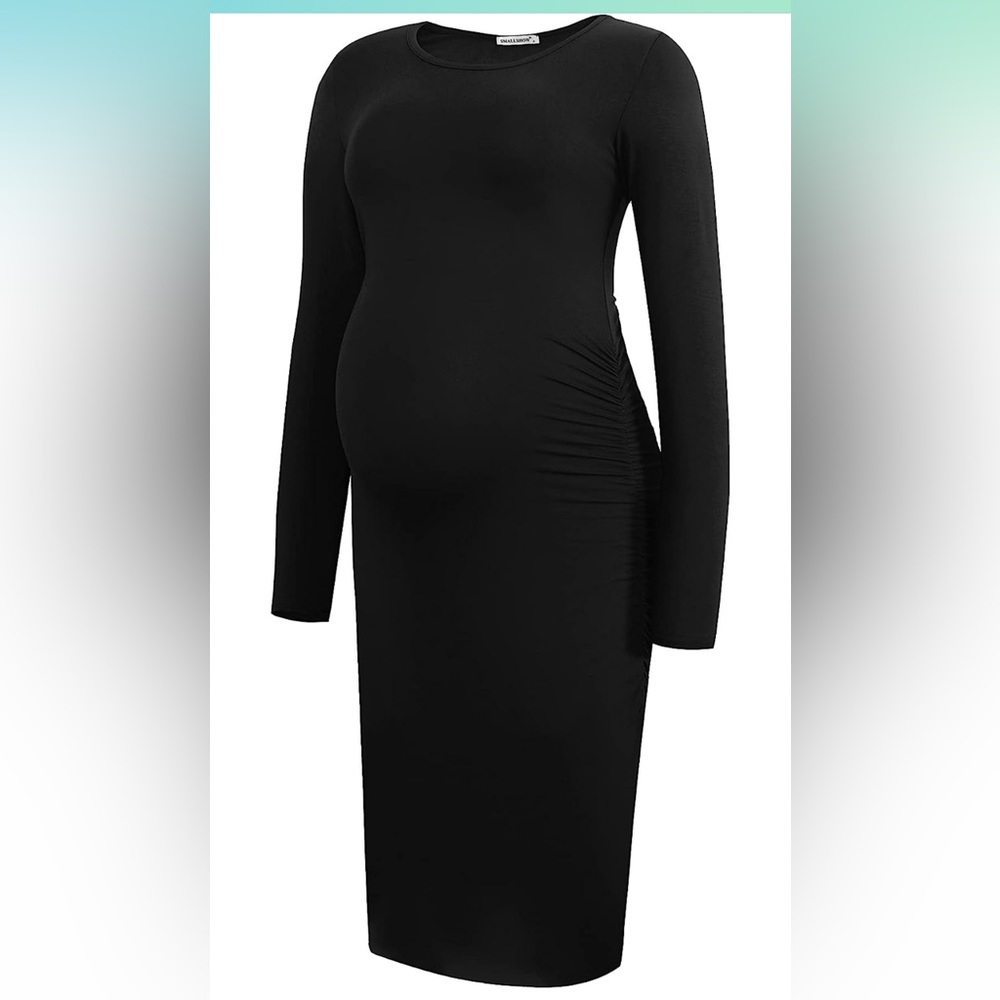 Smallshow - Women's Long Sleeve Maternity Dress Ruched Pregnancy Clothes (Black)